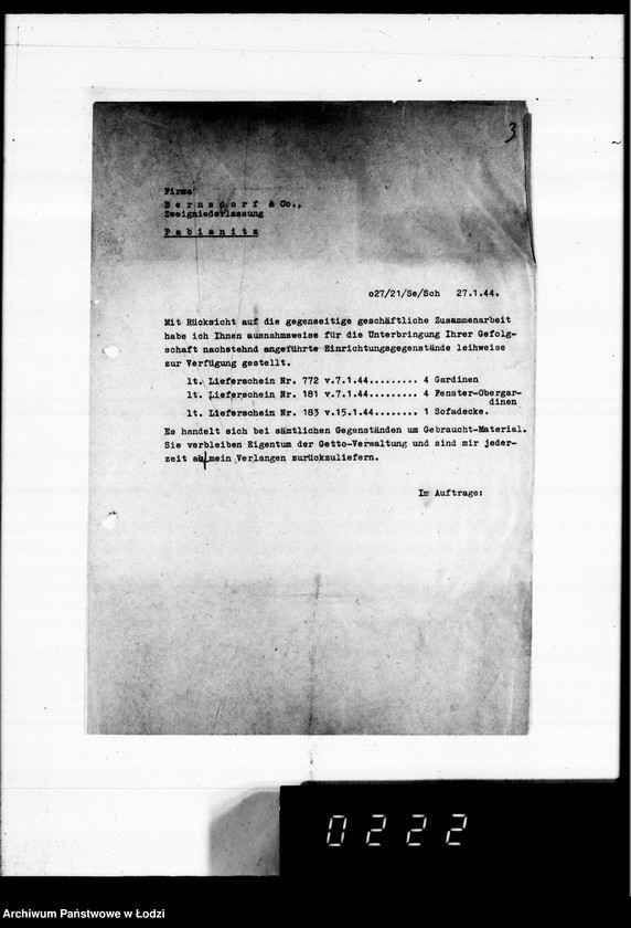 Obraz 7 z jednostki "Warenverwertung an den Ältesten der Juden 4 kompl.Gardinen [oraz konfekcji]"