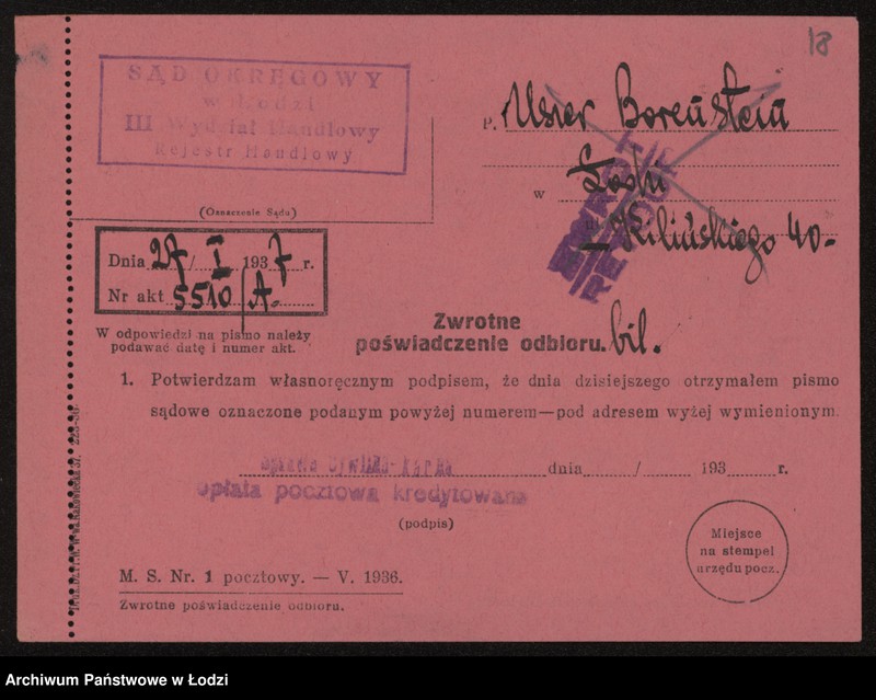 Obraz 20 z jednostki "Uszer Borenstein- wyrób i sprzedaż przędzy wigoniowej"