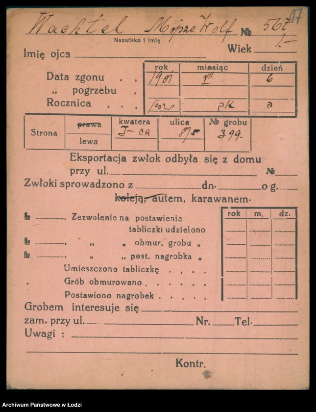 Obraz 18 z jednostki "Kartoteka osób pochowanych na cmentarzu żydowskim przy ulicy Brackiej w latach 1892-1953. Nazwiska na litery: Wac-Wajng"