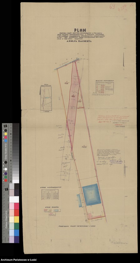 Obraz 1 z jednostki "Plan podziału części gruntów pochodzących z folwarku Rogi, majątku Radogoszcz A.B.C. w powiecie i województwie łódzkim położonych, stanowiących według aktów numer 1713 i 1949 zeznanych przez notariuszem Bronisławem Lisowskim w 1922 roku własność Adolfa Zacherta"