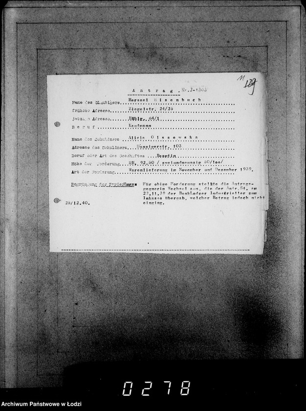 Obraz 15 z jednostki "J[uden] 1301-1320. [Wnioski Żydów z Getta o zwrot należności za towary wzięte na kredyt]"