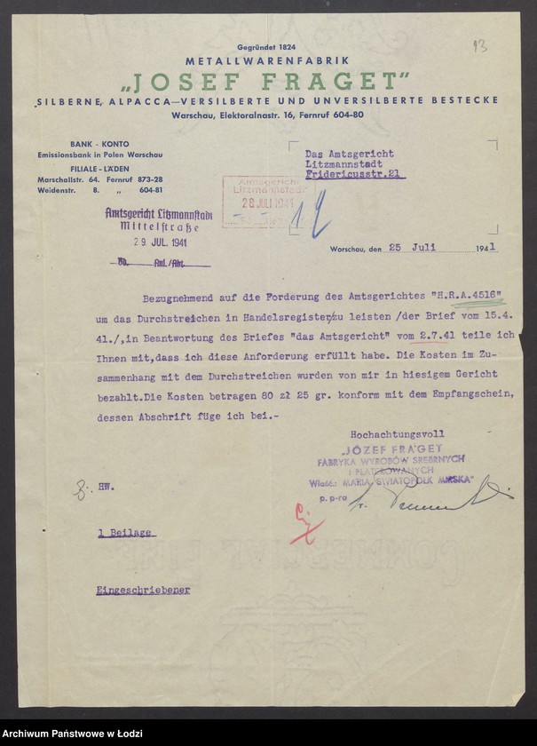 Obraz 15 z jednostki "Józef Fraget- Fabryka wyrobów srebrnych i platerowanych"