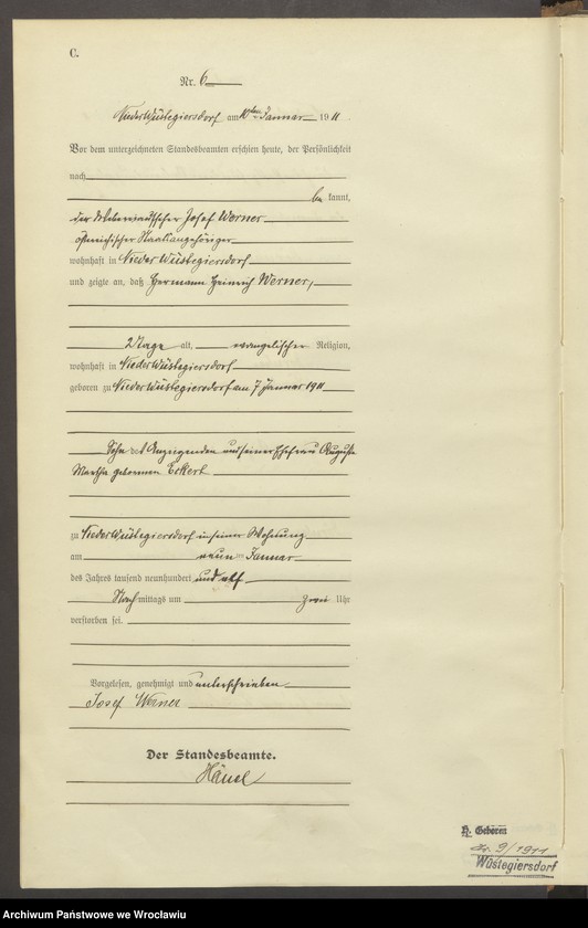 image.from.unit.number "Sterbe-Haupt-Register Nieder Wüstegiersdorf (Głuszyca) 1911"