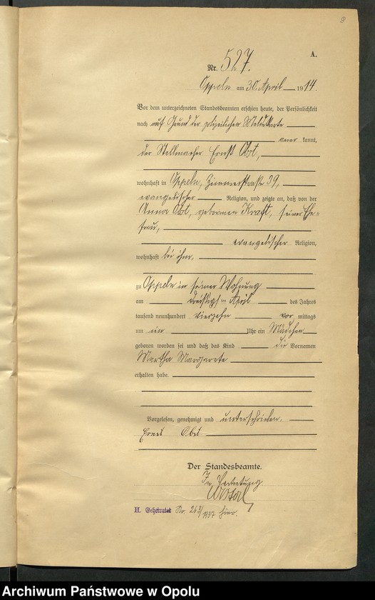 Obraz 13 z jednostki "Urząd Stanu Cywilnego Opole Księga Urodzeń Rok 1914 520-1033"