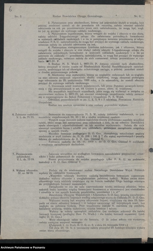 Obraz 8 z jednostki "/Rozkazy Dowództwa Okręgu Generalnego w Poznaniu/, nr 1-6."