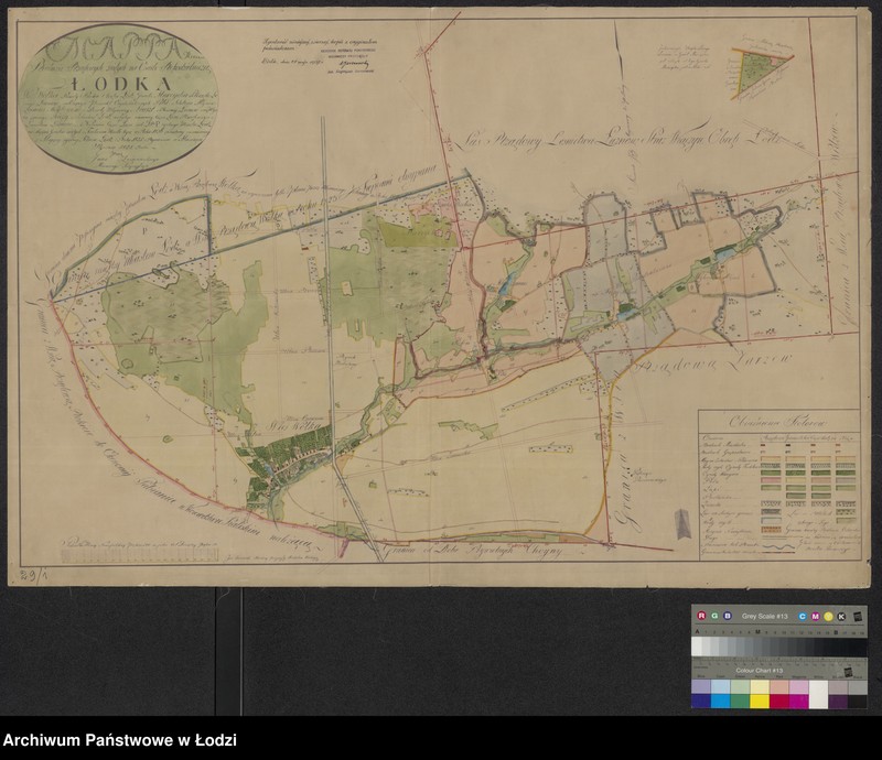 Obraz 1 z jednostki "Mappa Realności Rządowych zajętych na Osadę Rękodzielniczą Łódka, Wsi Wólka, Posady Strzelca Obrębu Łódź, Grontu Marcycha do Urzędu Leśnego Łaznów należącego, posiadeł Emphiteuticznych Piła, Kulom, Młynów Lamus i Wójtowski i Desert Młynowej Araszt z Ekonomii Łaznów oraz Młynka zwanego Xsięży z Probostwa Łódź nabytego, niemniej części Lasu Rządowego z Leśnictwa Łaznów-Nakoniec części Lasu sub. Lit. P ogólnego Miasta Łódź, na mappie Grontów zaiętych z Teritorium Miasta tegoż ..."