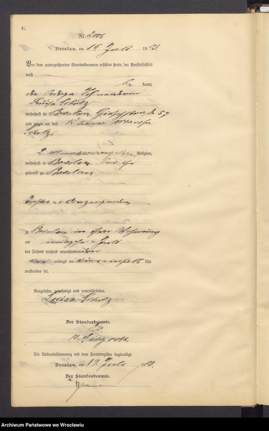 image.from.unit.number "Sterbe Neben Register Standesamt Breslau III 1903 Band 6"