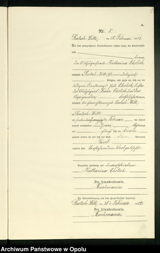 Obraz 9 z jednostki "Geburts-Neben-Register des Standesamts Deutsch Wette pro 1902"
