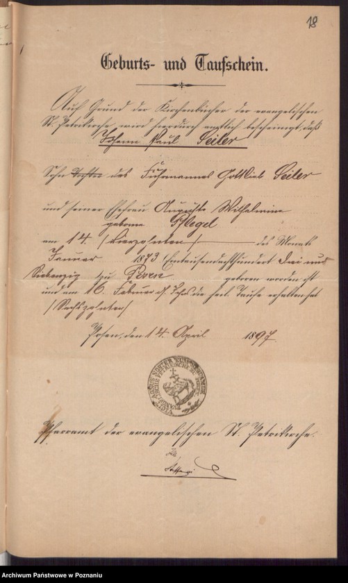 Obraz 20 z jednostki "Die von den Verlobten beigebrachten Urkunden zur Eheschliessung pro 1897"