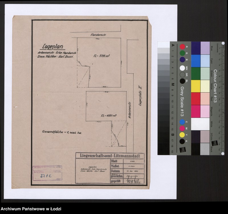 Obraz 1 z jednostki "Lageplan Ardennen-Straße Ecke Flandernstraße Ehem Pächter: Karl Buzzi"