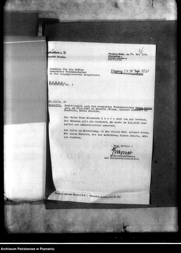 Obraz 20 z jednostki "Korespondencja w sprawie miejscowych Niemców, którzy zginęli w 1939 roku"