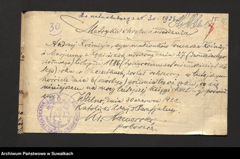 image.from.unit.number "Dokumenty załączone do ślubnych aktów stanu cywilnego w parafji R. Kat. Filipowskiej w roku 1923"