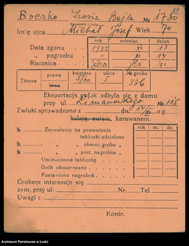 Obraz 14 z jednostki "Kartoteka osób pochowanych na cmentarzu żydowskim przy ulicy Brackiej w latach 1892-1956. Nazwiska na litery: Bock-Bö"