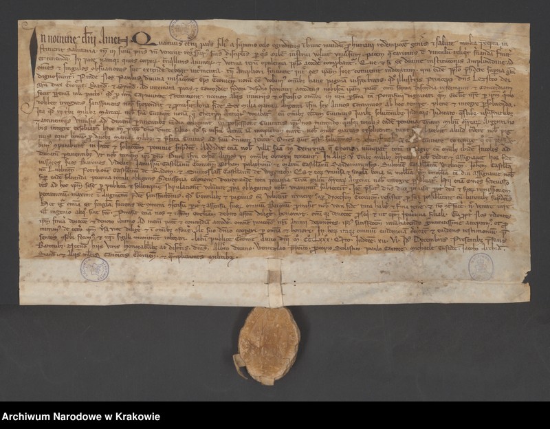 image.from.unit.number "Paweł biskup krakowski zawiera ugodę z Leszkiem księciem krakowskim, sandomierskim i sieradzkim, który za ujęcie i więzienie biskupa oraz wyrządzone"