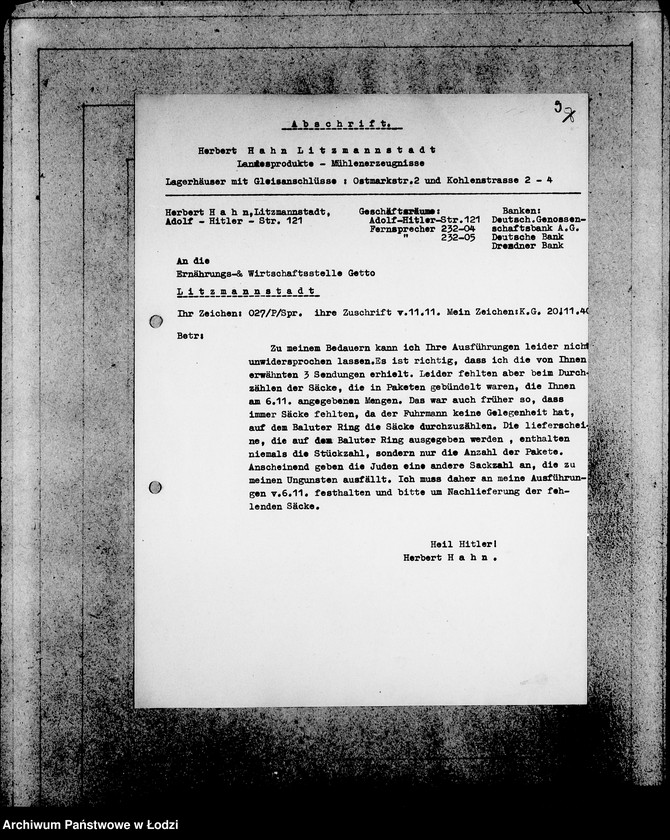 Obraz 13 z jednostki "[Zlecenia na dostawę dla ludności Getta artykułów spożywczych- ziemniaki, chleb, mąka, mięso- oraz zwrot opakowań]"