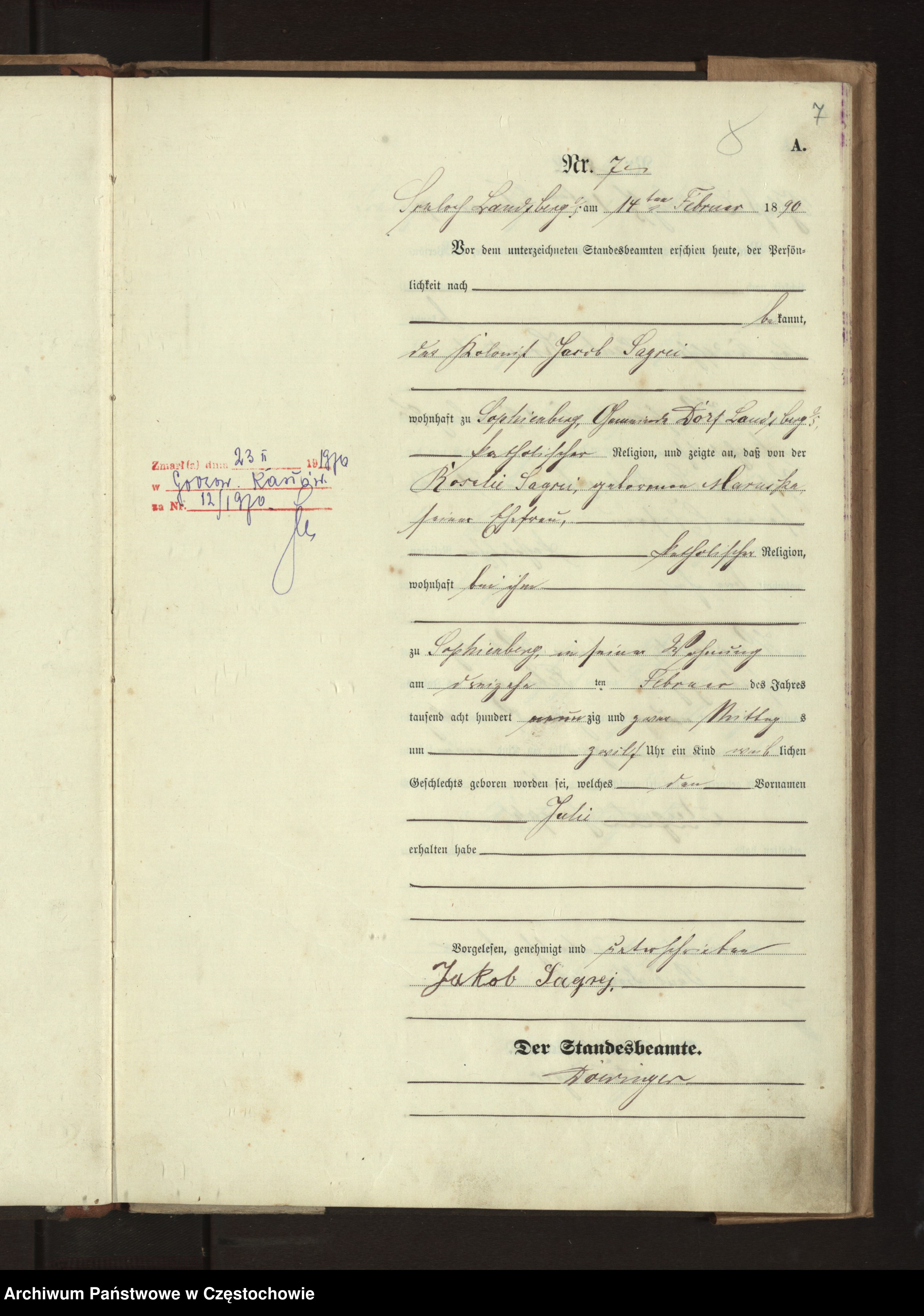 Skan z jednostki: Geburts - Haupt - Register des Koniglich Preussiechen Standesamts Wienskowitz  im Kreise Rosenberg o/ S. pro 1890.