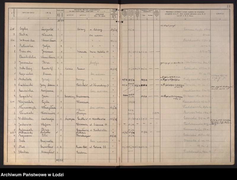 Obraz 16 z jednostki "Księga kontroli ruchu ludności (rejestr osób opuszczających gminę) Łódź, komisariat X, nr 1-624, nr 1-1443, nr 1-1453, 1-592"