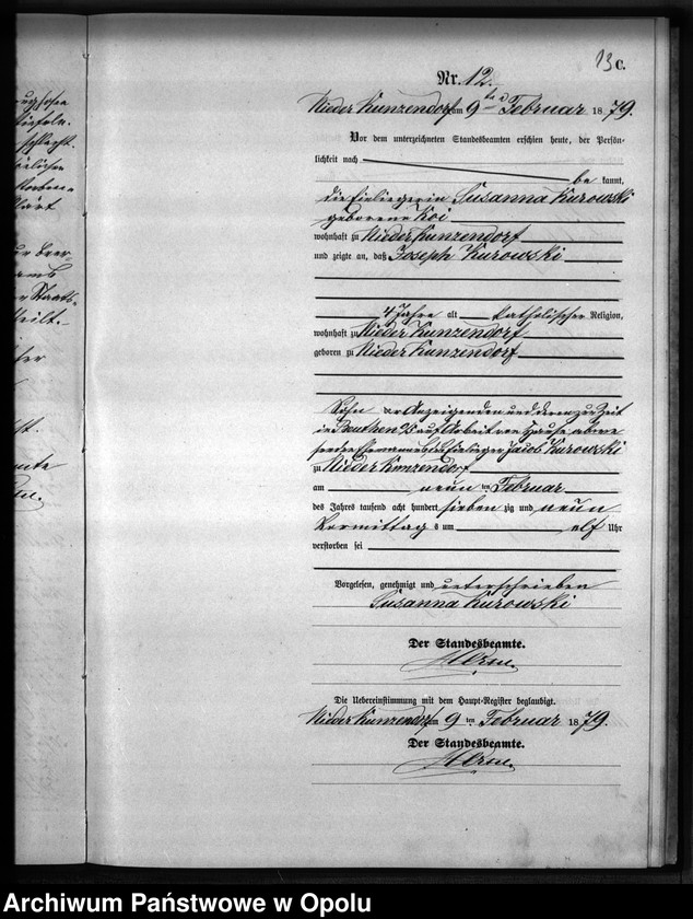 Obraz 16 z jednostki "Sterbe-Neben-Register Standesamts Kunzendorf pro 1879"