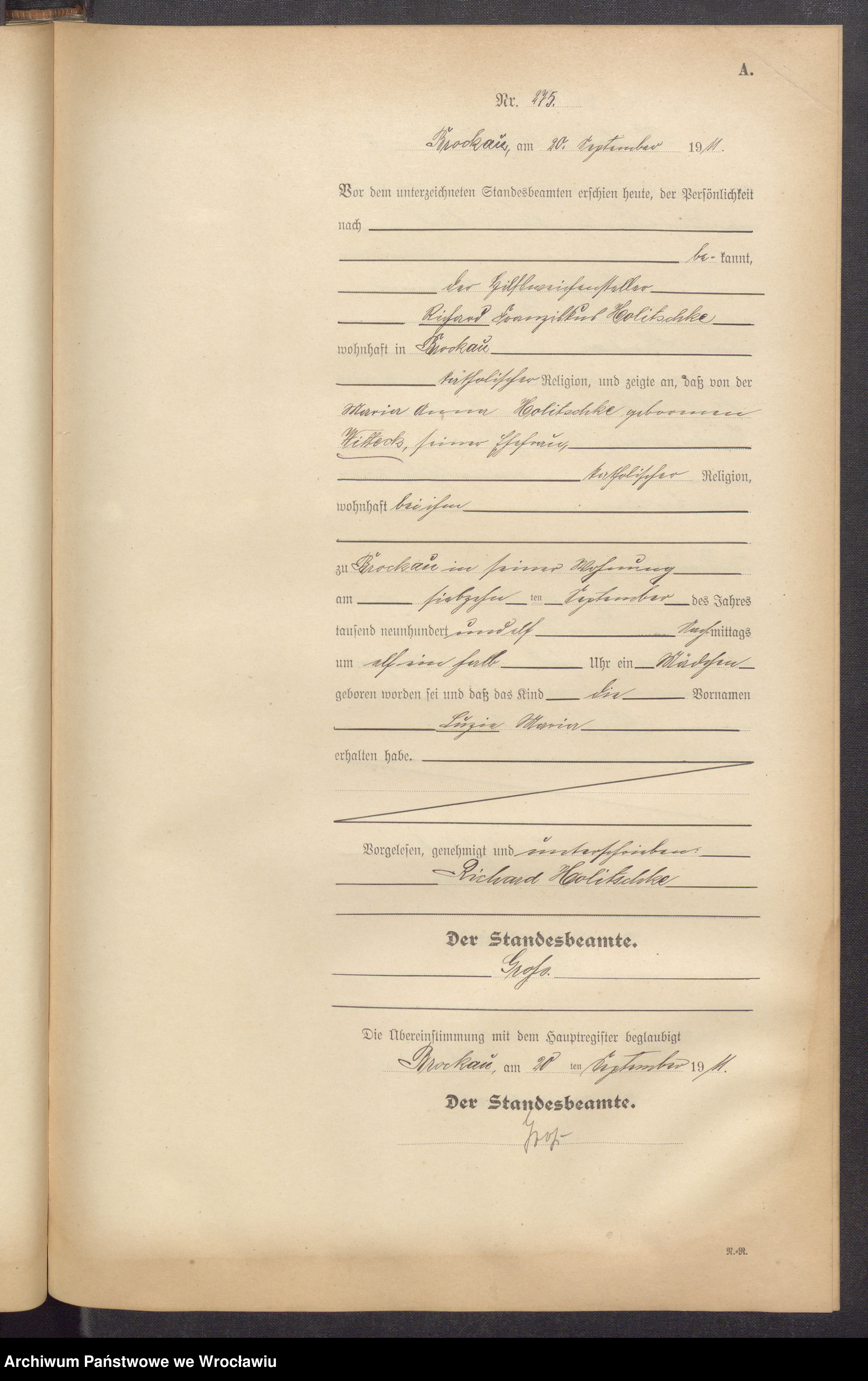 Skan z jednostki: Księga urodzeń Brochów (Brockau) 1911