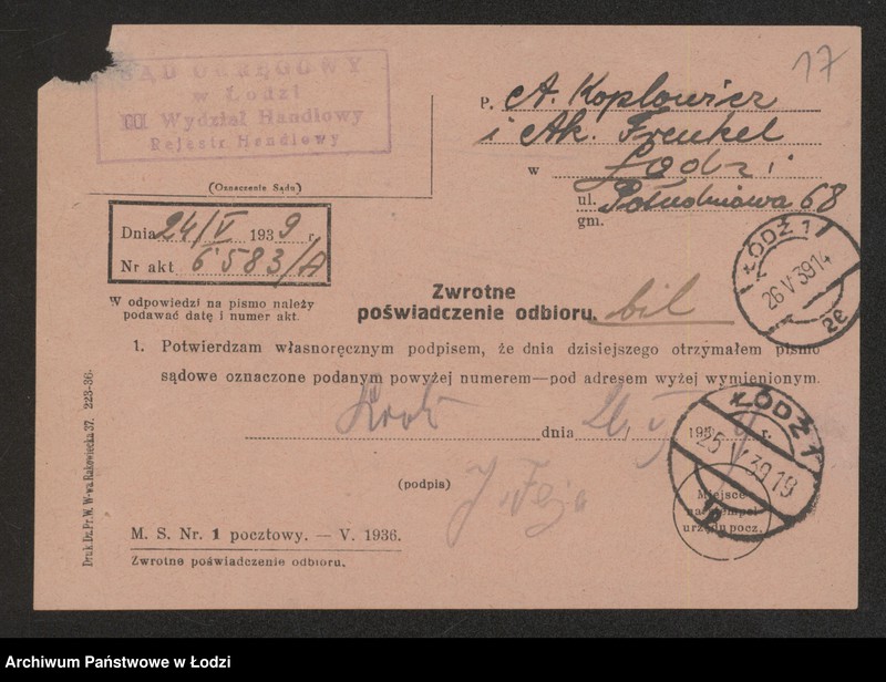 Obraz 19 z jednostki "A.Kaplowicz, K.Frenkel, G.Pinchasik- kupno i sprzedaż towarów manufakturowych"