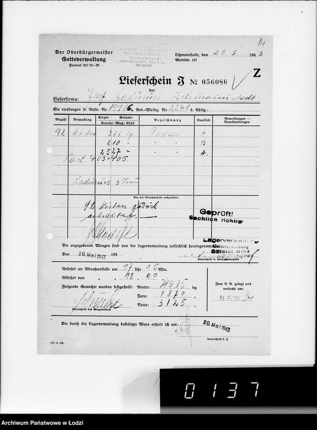 Obraz 19 z jednostki "Lebensmitteleinkauf. Aufträge, [Lieferscheinen und Rechnungen] 19941-19960 [Dostawa artykułów pierwszej potrzeby do Getta]"