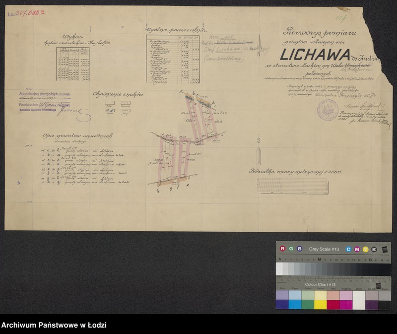 Obraz 1 z jednostki "Pierworys pomiaru gruntów włościan wsi Lichawa do Kustrzyc w starostwie łaskim, gmina Wola Wężykowa położonych, oddanych za służebności na mocy umowy z dnia 17 XII 1927 roku z majątku Lichawa A, B, C"
