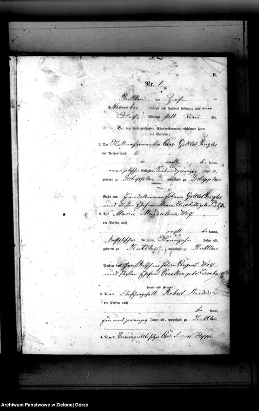 Obraz z jednostki "Heiraths-Haupt-Register Standesamt Kuttlau vom 1 October bis 31 Dezember 1874"
