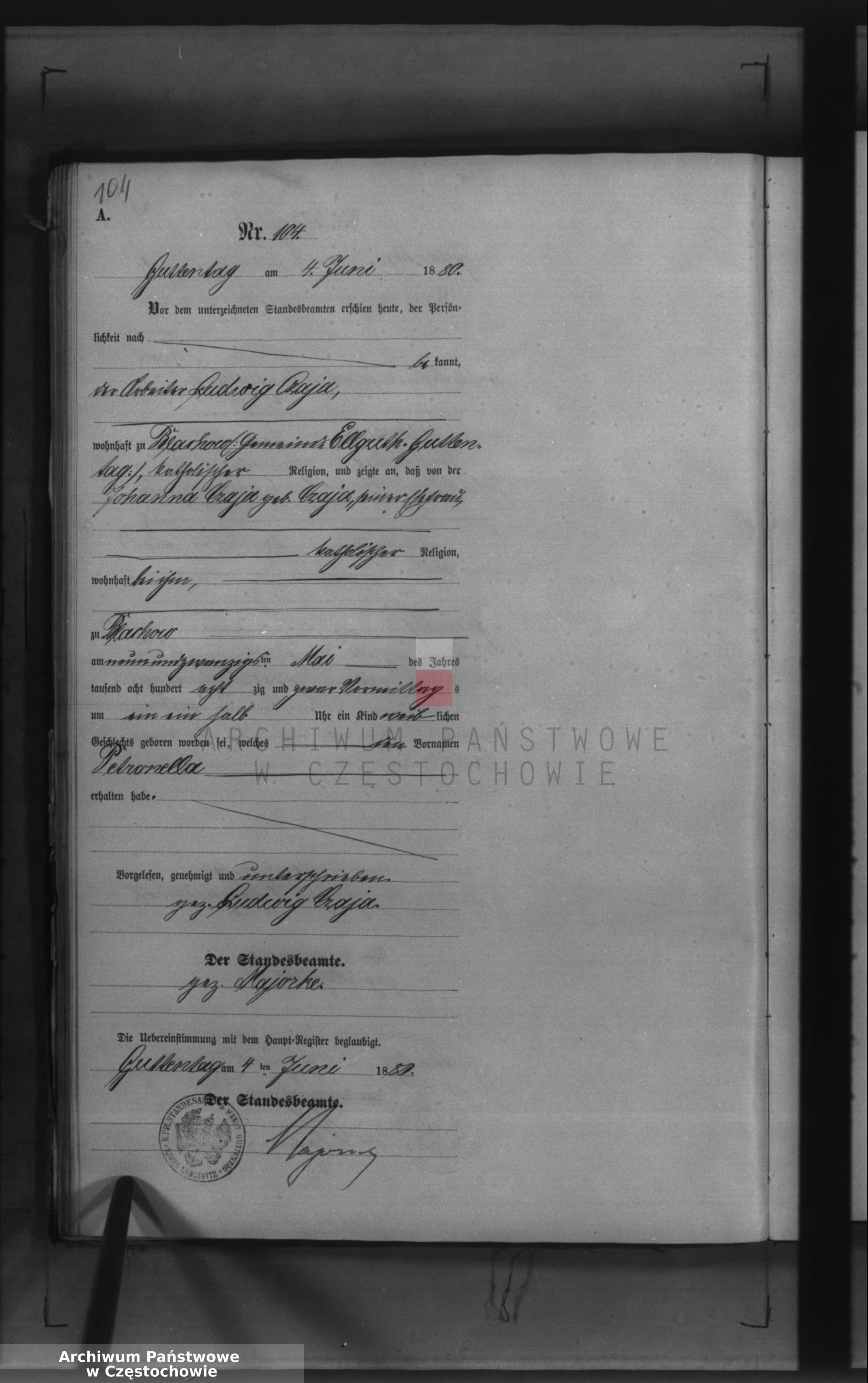 Skan z jednostki: Geburts - Neben Register des Königlich Preussischen Standesamts Guttentag im Kreise Lublinitz pro 1880.