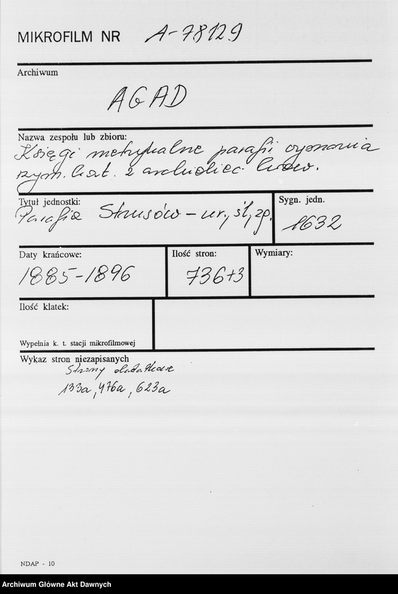 image.from.unit.number "Parafia: Strusów. Dekanat: Trembowla. Księga metrykalna urodzeń, ślubów i zgonów dla wsi: Strusów, Bernadówka, Darachów*, Nałuże, Nowy Tyczyn (Neutitchein), Ruzdwiany, Tiutków*, Warwaryńce, Zazdrość."