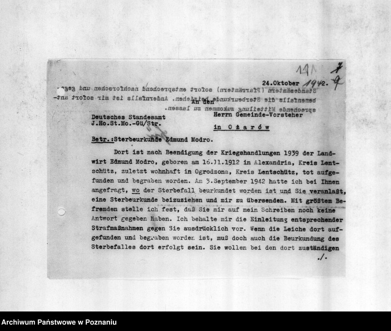 Obraz 15 z jednostki "Beurkundung des Sterbefalles des Landwirts Edmund Modro (Ogrodzona, powiat łęczycki)"