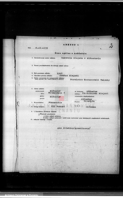 Obraz 6 z jednostki "Kwestionariusz Gazowni Miejskiej w Milosławiu powiat wrzesiński"