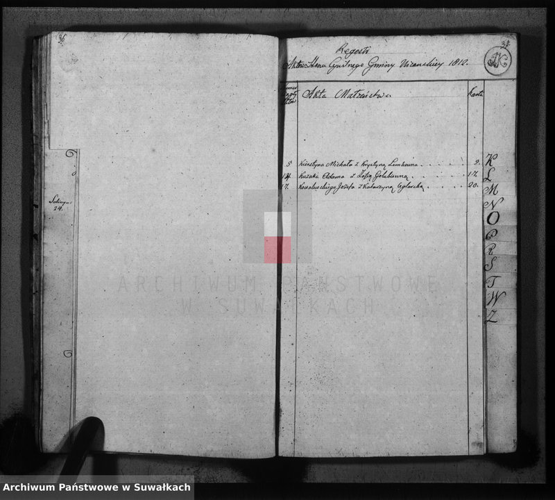 image.from.unit.number "Księga do zapisywania aktów cywilnych małżeństwa gminy wiżajńskiey, departamentu łomżyńskiego, powiatu kalwaryjskiego"