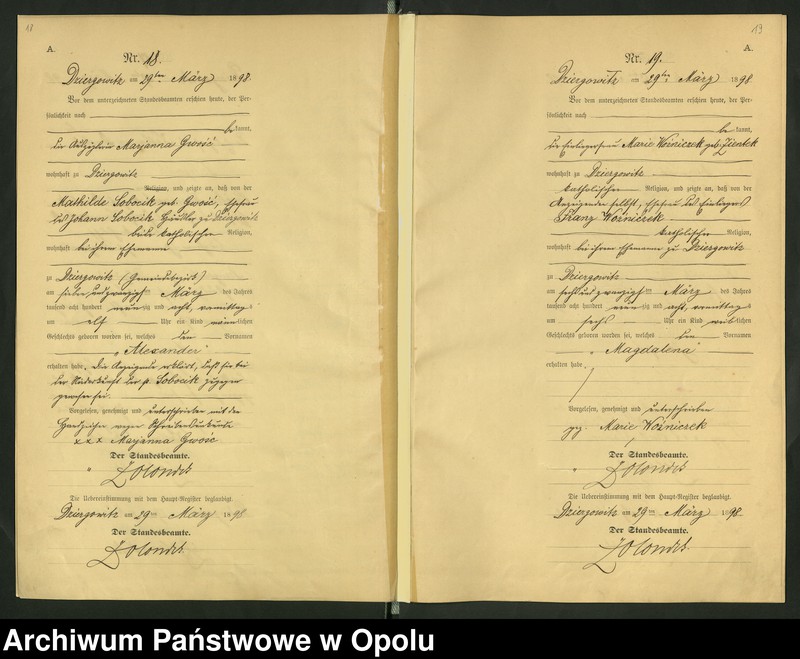 Obraz 13 z jednostki "Urząd Stanu Cywilnego Dziergowice Księga urodzeń rok 1898-99"