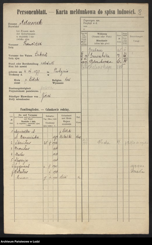 Obraz 10 z jednostki "[Spis ludności Łodzi] Adamek - Adaś"