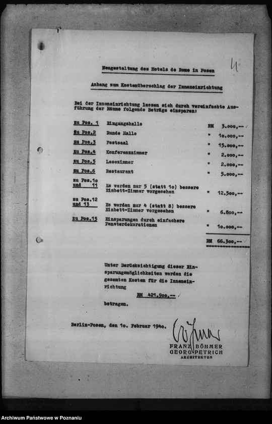 Obraz 8 z jednostki "Umbauten des Hotels de Rome in Posen, des Deutschen Schlosses, des Erholungsheimes der Reichsstatthalterei in Strohfelde, der Gauhalle und des Gauhotels"