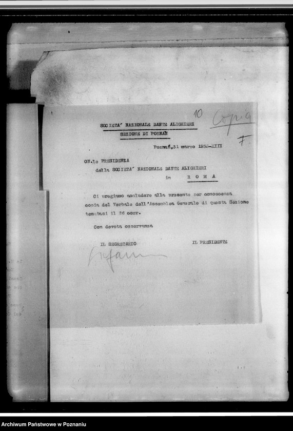 Obraz 14 z jednostki "Stowarzyszenie "Polonia- Italia" w Poznaniu: a/ dokumenty dotyczące założenia Towarzystwa /statut i inne/, b/ sprawozdania roczne z działalności i protokoły zebrań, c/ korespondencja różna, d/ listy członków, e/ druki, afisze"