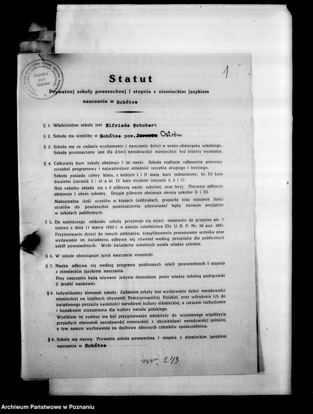 Obraz 5 z jednostki "Prywatna Szkoła Powszechna z niemieckim językiem nauczania Sobótka powiat Ostrów"