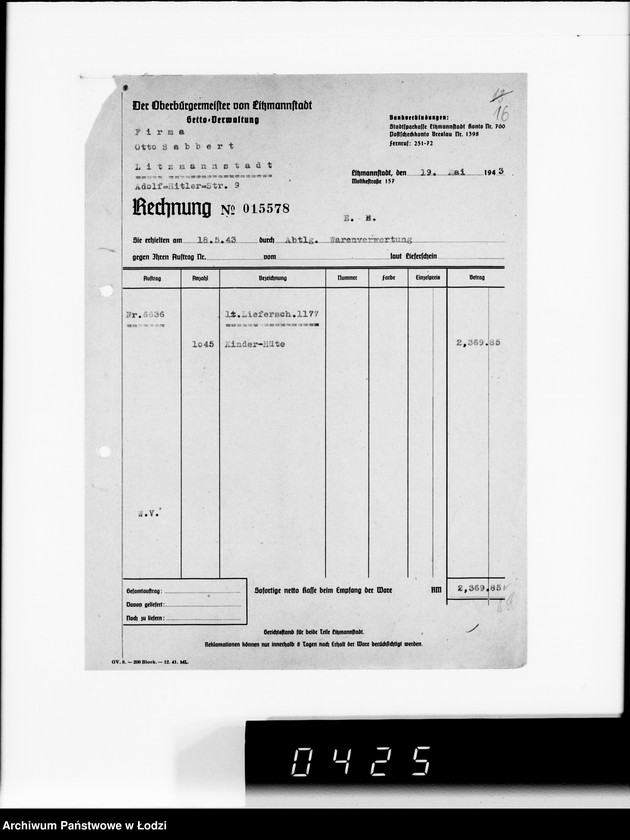 Obraz 20 z jednostki "Firma Otto Sabbert Litzmannstadt IV Warenverwertung an den Juden-Ältesten. Kinderhüte, Mützen"