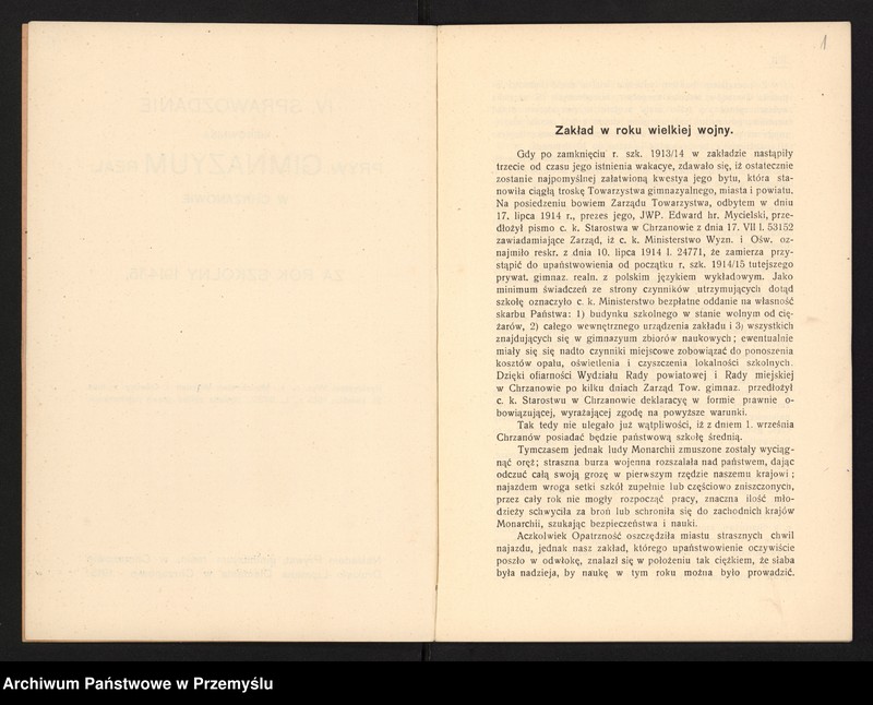 image.from.unit.number "IV Sprawozdanie kierownika Pryw[atnego] Gimnazjum Real.[nego] w Chrzanowie za rok szkolny 1914/1915"