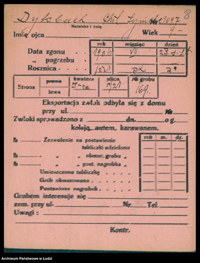 Obraz 9 z jednostki "Kartoteka osób pochowanych na cmentarzu żydowskim przy ulicy Brackiej w latach 1892-1953. Nazwiska na litery: Dy-Dz"