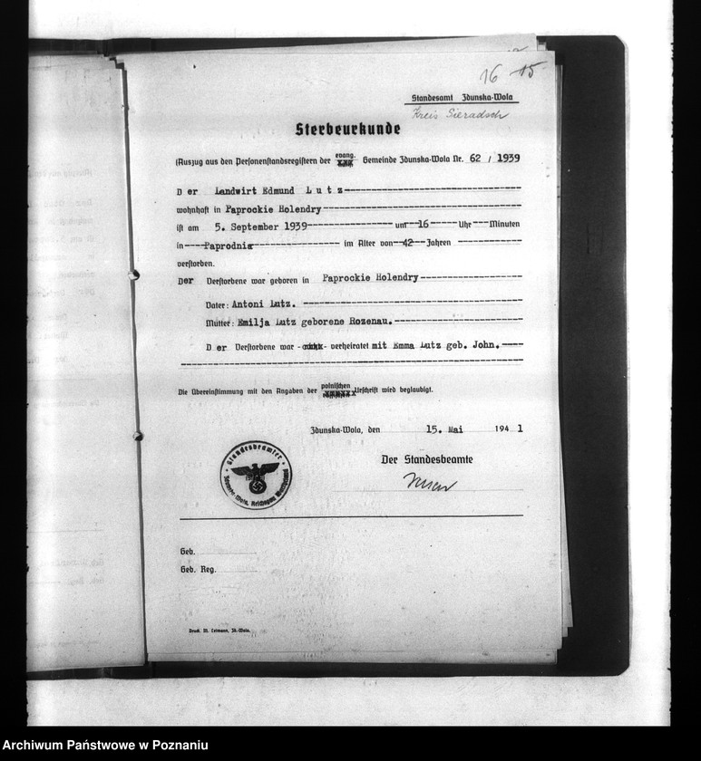 Obraz 20 z jednostki "Wykazy miejscowych Niemców, którzy zginęli w 1939 roku. Kreis Sieradsch (Sieradz)"