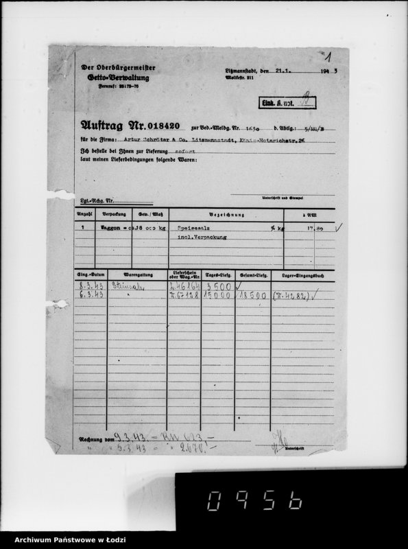 Obraz 5 z jednostki "Lebensmitteleinkauf. Aufträge, [Lieferscheinen und Rechnungen] 18371-18420. [Dostawa artykułów pierwszej potrzeby do Getta]"