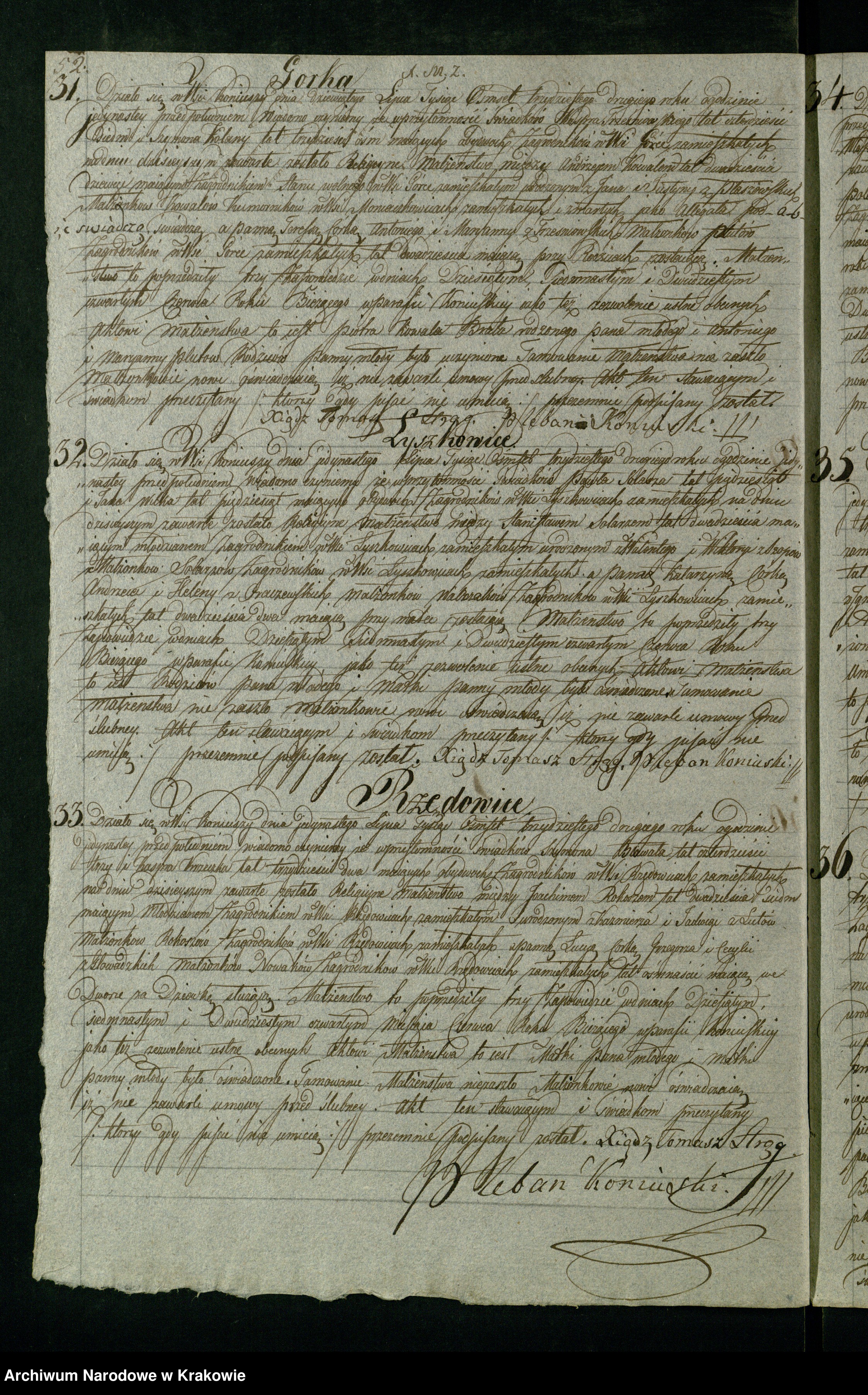 Skan z jednostki: Akta stanu cywilnego Parafii Koniuskiej w Obwodzie Miechowskim na rok 1832
