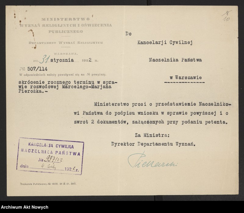 image.from.unit.number "Skrócenie rocznego terminu zapozwu w sprawach rozwodowych, rozpatrywanych przed Sądami Konsystorskimi Ewangelicko - Augsburskim i Ewangelicko - Reformowanym. Reskrypty Naczelnika Państwa, wnioski, korespondencja z Min. Wyznań Religijnych i Oświecenia Publicznego"