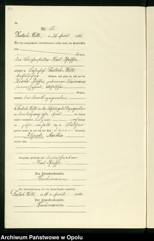 Obraz 16 z jednostki "Geburts-Neben-Register des Standesamts Deutsch Wette pro 1902"