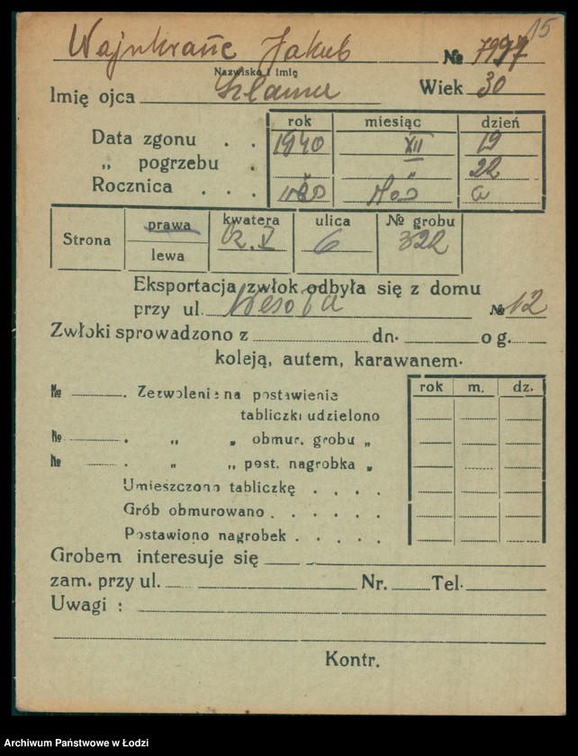 Obraz 16 z jednostki "Kartoteka osób pochowanych na cmentarzu żydowskim przy ulicy Brackiej w latach 1892-1958. Nazwiska na litery: Wajnh-Wajs"
