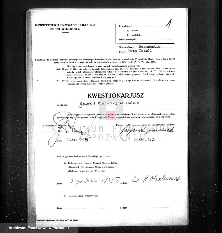 Obraz 5 z jednostki "Kwestionariusz gazowni miejskiej w Lwówku pow. nowotomyski"