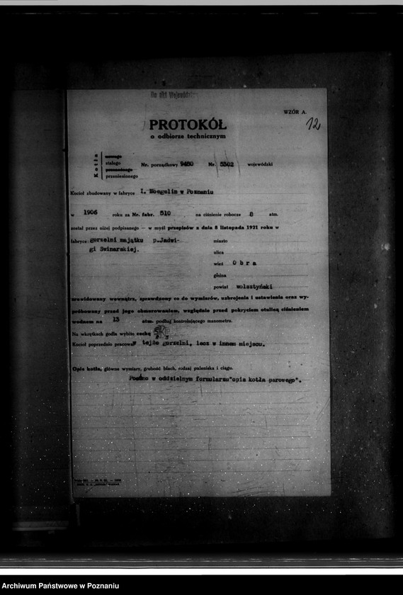 Obraz 17 z jednostki "Gorzelnia J. Świniarskiej Dominium Obra powiat wolsztyński nr woj. kotła 5302"