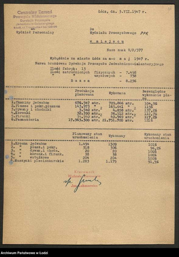 Obraz 11 z jednostki "Dyrekcja Przemysłu Jedwabniczo - Galanteryjnego; protokół z narady Dyrekcji, sprawozdania okresowe, raporty dzienne o wykonaniu planu produkcji"