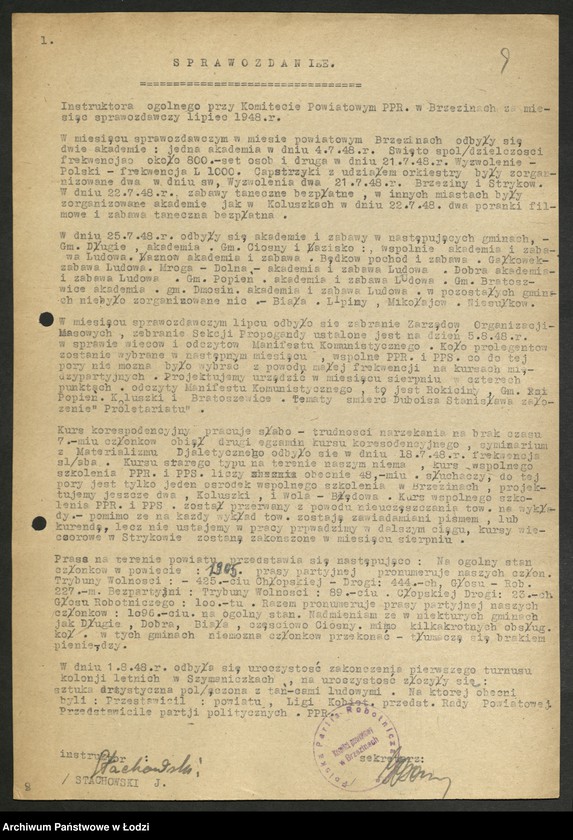 Obraz 10 z jednostki "Sprawozdania miesięczne instruktorów propagandy komitetów powiatowych i komitetów miejskich [z załącznikami za 1948 rok]"